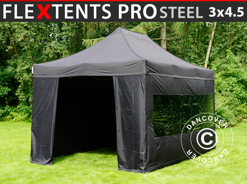 Vouwtent FleXtents PRO Steel 3x4,5m, Zwart, inkl. 4 Zijwanden
