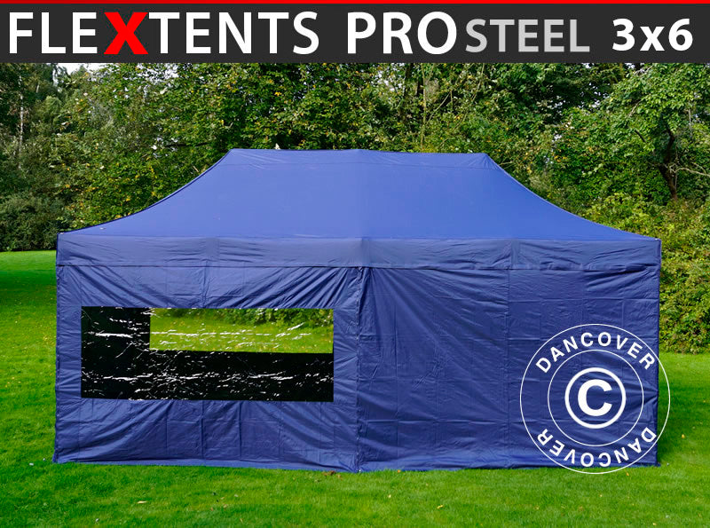 Tente pliante FleXtents PRO Steel 3x6m Bleu foncé, avec 6 cotés