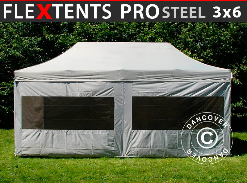 Faltzelt FleXtents PRO Steel 3x6m Silber, mit 6 Seitenwänden