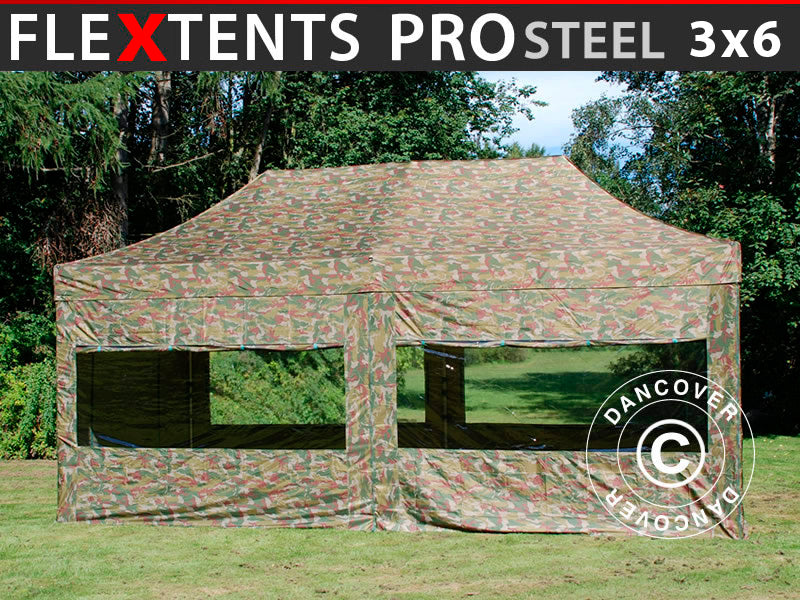 Faltzelt FleXtents PRO Steel 3x6m Camouflage, mit 6 Seitenwänden