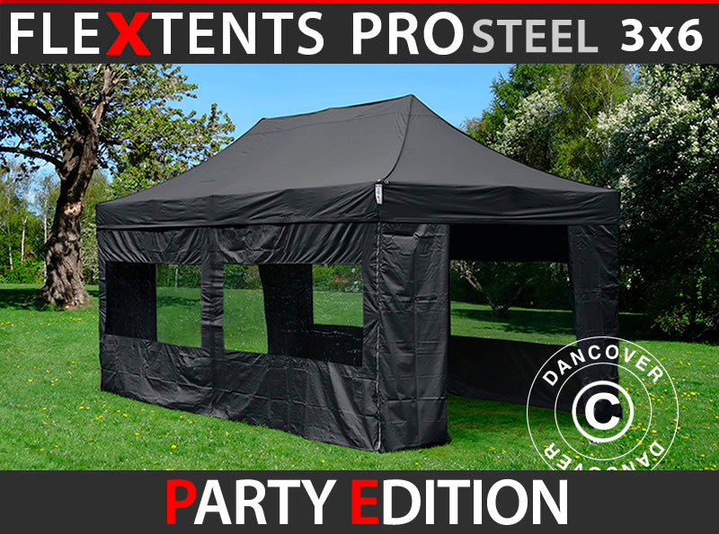 Vouwtent FleXtents PRO Steel 3x6m Zwart, inkl. 6 Zijwanden