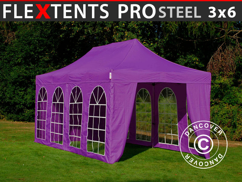 Faltzelt FleXtents PRO Steel Vintage Style 3x6m Lila, mit 6 Seitenwänden