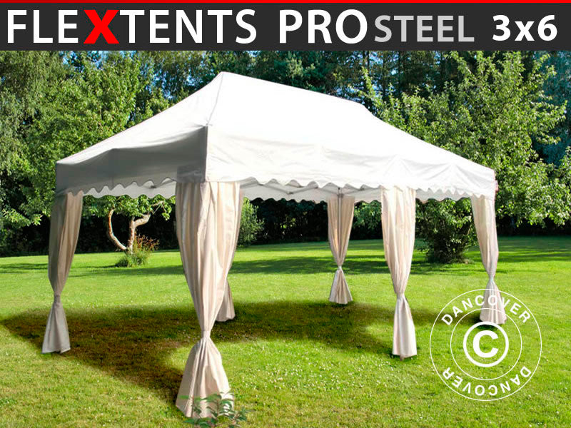 Saliekamā nojume FleXtents PRO Steel "Wave" 3x6m Balts, ar 6 dekoratīvie aizkari