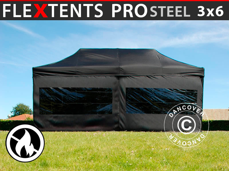 Saliekamā nojume FleXtents PRO Steel 3x6m Melns, Liesmu slāpējošs, ar 6 sān sienām