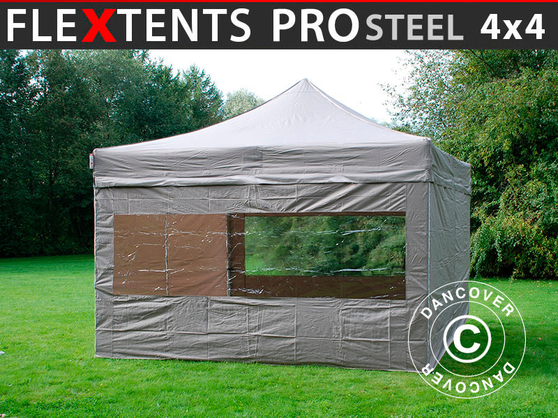 Gazebo pieghevole FleXtents PRO Steel 4x4m Latte, inclusi 4 fianchi