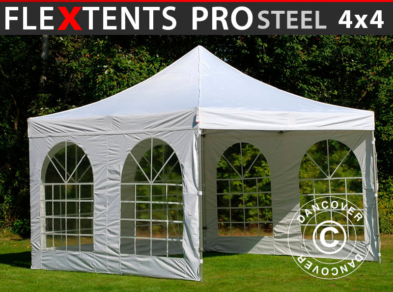 Pop up gazebo FleXtents PRO Steel Vintage Style 4x4 m White, incl. 4 sidewalls
