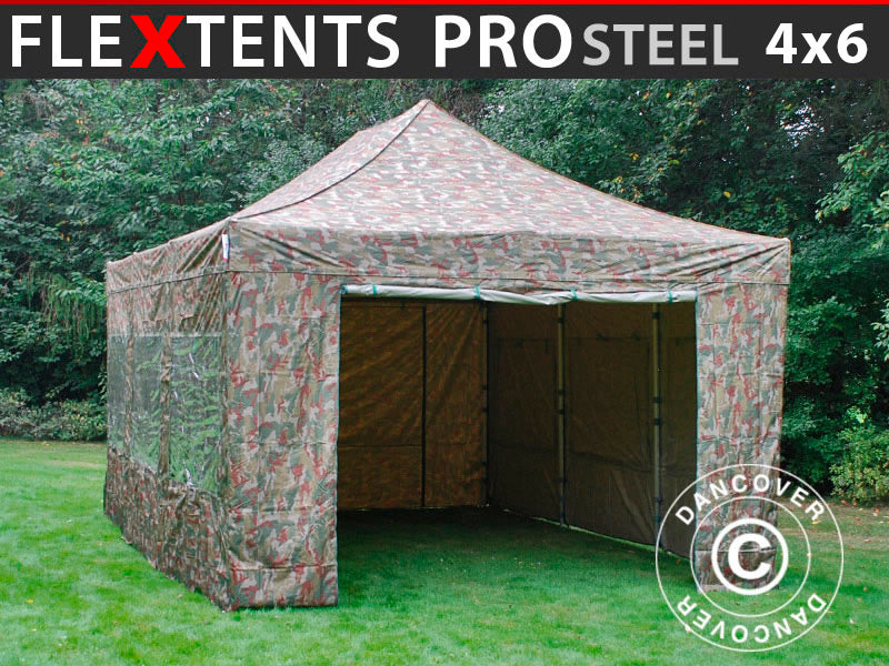 Gazebo pieghevole FleXtents PRO Steel 4x6m Camouflage, inclusi 8 fianchi