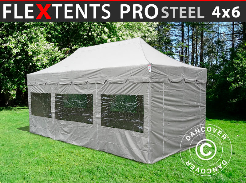 Gazebo pieghevole FleXtents PRO Steel "Peaked" 4x6m Latte, inclusi 8 fianchi