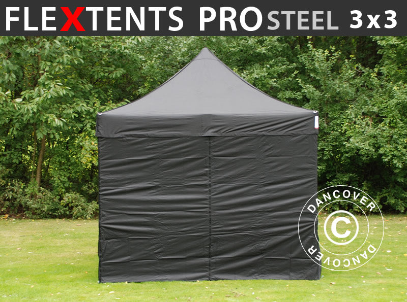 Vouwtent FleXtents PRO Steel 3x3m Zwart, inkl. 4 Zijwanden