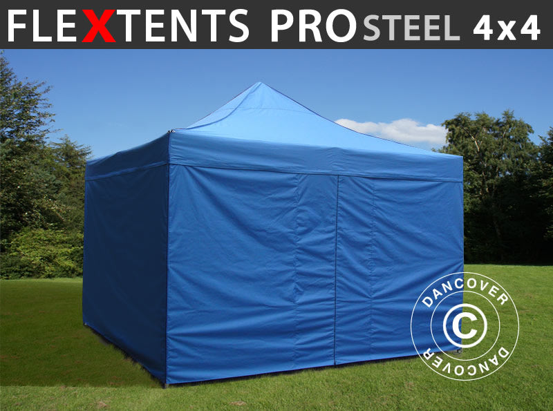 Saliekamā nojume FleXtents PRO Steel 4x4m Zils, ar 4 sānu sienām