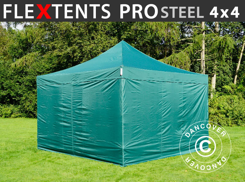 Saliekamā nojume FleXtents PRO Steel 4x4m Zaļš, ar 4 sānu sienām