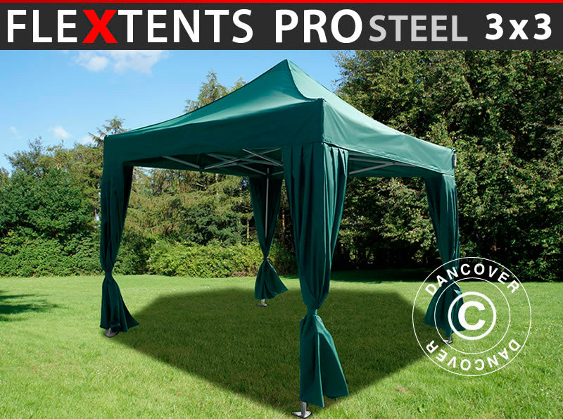 Faltzelt FleXtents PRO Steel 3x3m Grün, mit 4 Gardinen