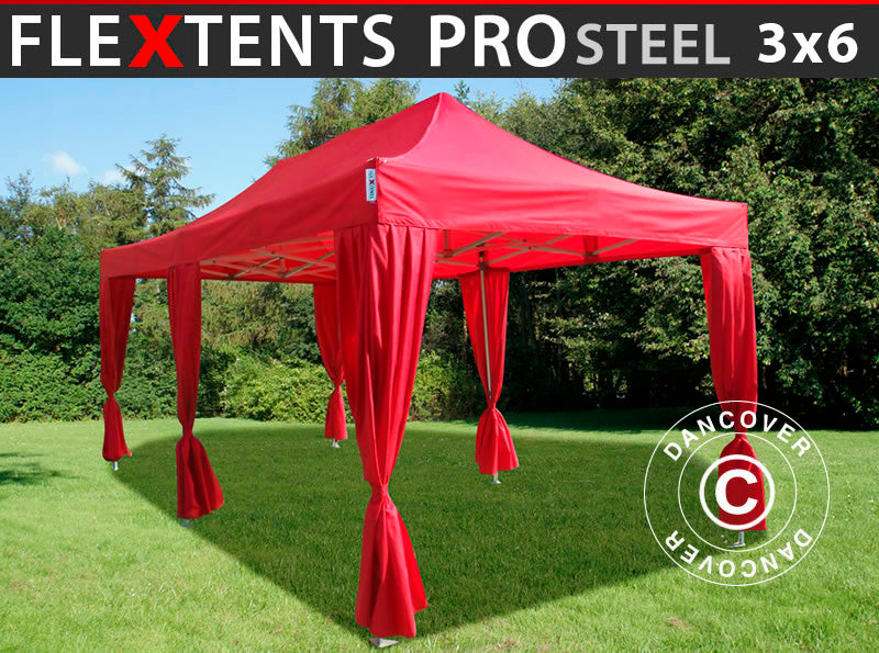 Pop up gazebo FleXtents PRO Steel 3x6 m Red, incl. 6 decorative curtains