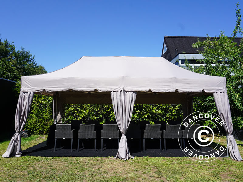 Tenda dobrável FleXtents PRO Steel "Peaked" 3x6m Latte, com 6 paredes laterais e 6 cortinas decorativas
