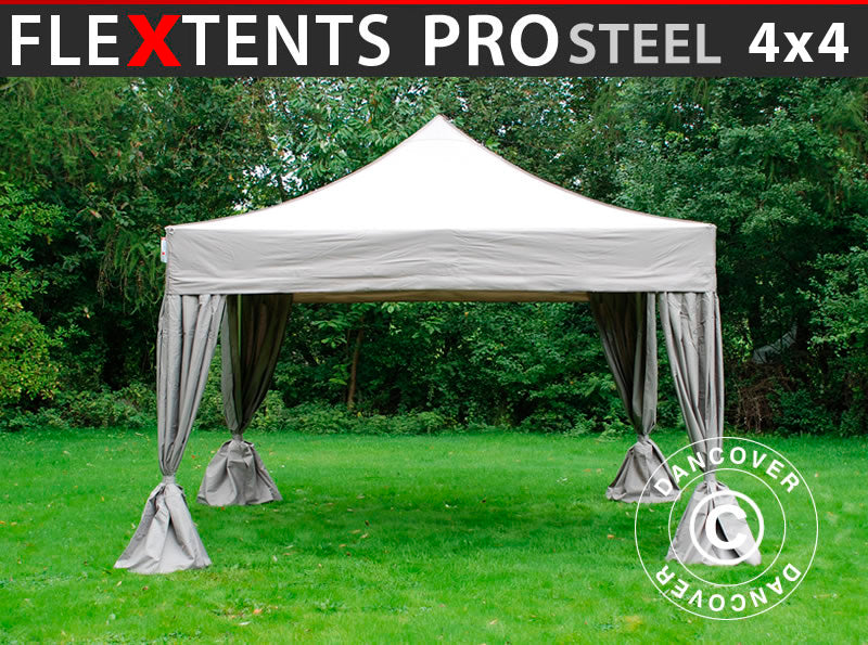Brzo sklopivi paviljon FleXtents PRO Steel 4x4m Latte, uključ. s 4 lijepim ukrasnim zavjesama