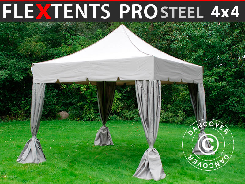 Brzo sklopivi paviljon FleXtents PRO Steel "Peaked" 4x4m Latte, uključ. s 4 lijepim ukrasnim zavjesama