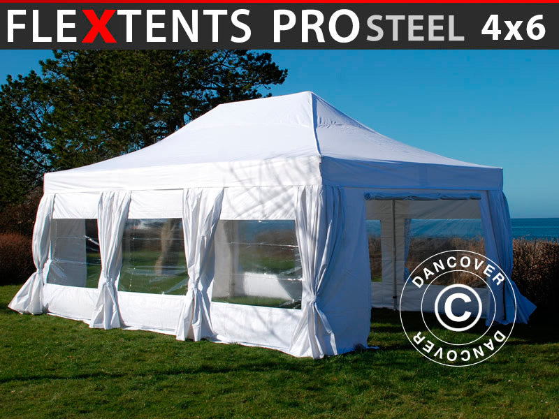 Brzo sklopivi paviljon FleXtents PRO Steel 4x6m Bijela, uključ. 8 bočne stranice &  lijepim ukrasnim zavjesama