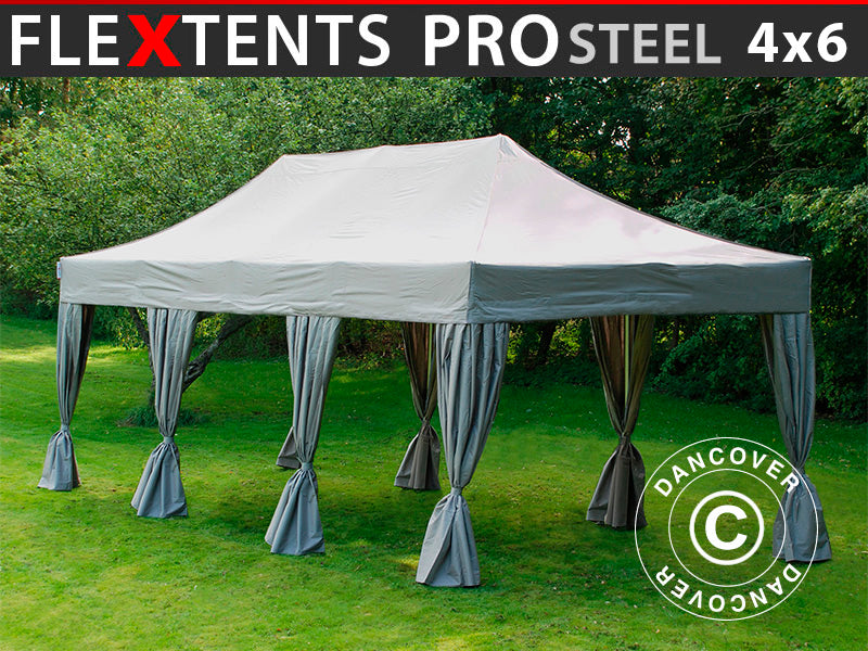 Brzo sklopivi paviljon FleXtents PRO Steel 4x6m Latte, uključ. s 8 lijepim ukrasnim zavjesama