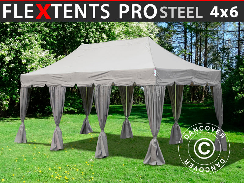 Brzo sklopivi paviljon FleXtents PRO Steel "Peaked" 4x6m Latte, uključ. s 8 lijepim ukrasnim zavjesama
