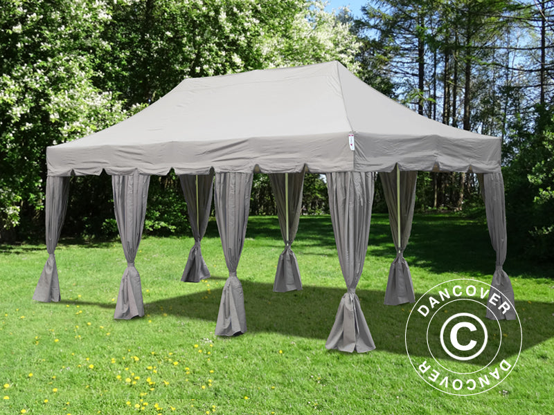 Pop up gazebo FleXtents PRO Steel "Peaked" 4x6 m Latte, incl. 8 sidewalls & decorative curtains