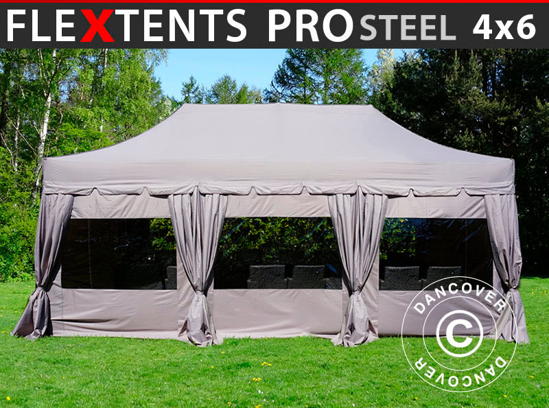 Gazebo pieghevole FleXtents PRO Steel "Peaked" 4x6m Latte, incl. 8 fianchi & tendaggi decorativi