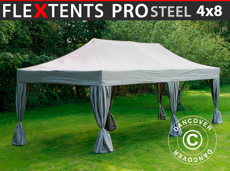 Brzo sklopivi paviljon FleXtents PRO Steel 4x8m Latte, uključ. s 6 lijepim ukrasnim zavjesama