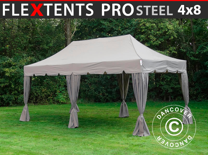 Pop up aiatelk FleXtents PRO Steel "Peaked" 4x8m Latte, ks. 6 dekoratiivse kardinaga