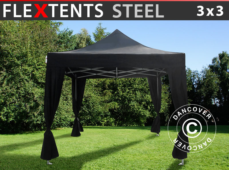 Vouwtent FleXtents Steel 3x3m Zwart, incl. 4 decoratieve gordijnen
