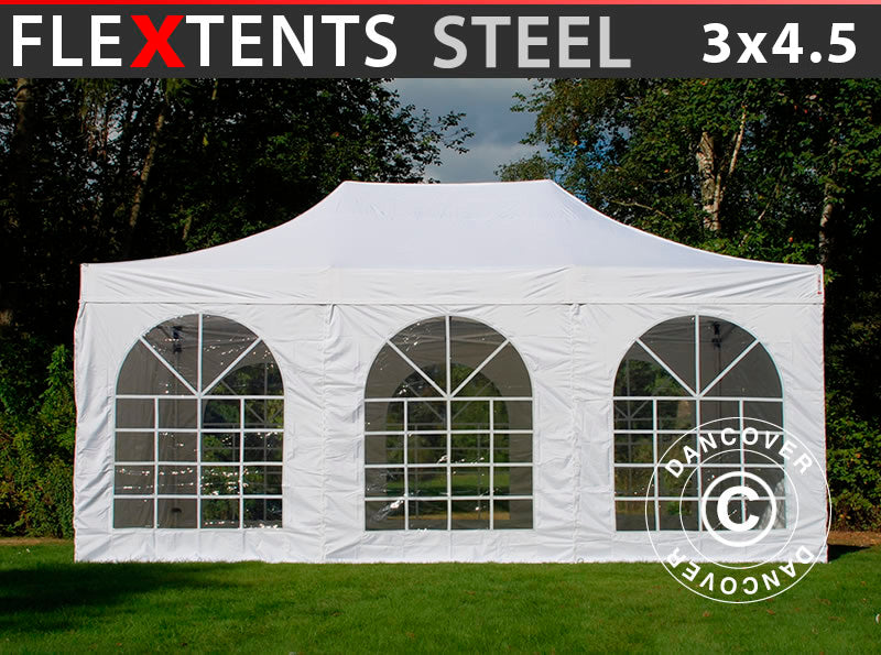 Faltzelt FleXtents Steel 3x4,5m, Weiß, mit 4 Seitenwänden