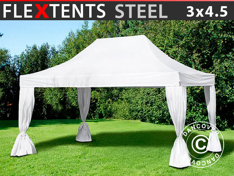 Faltzelt FleXtents Steel 3x4,5m, Weiß, mit 4 Gardinen