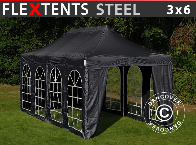 Pop up aiatelk FleXtents Steel 3x6m Must, kaasas 4 külgseinad