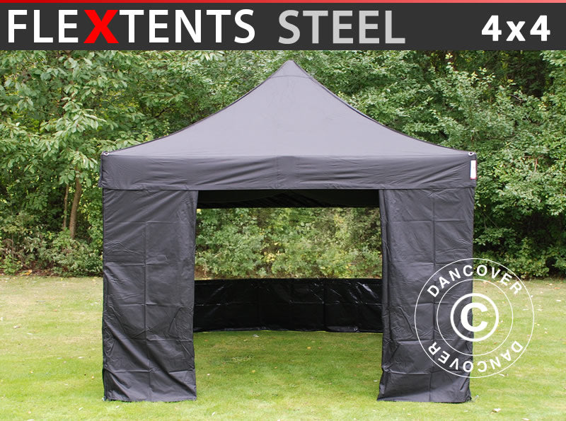 Prekybinė palapinė FleXtents Steel 4x4m Juoda, įsk. 4 šonines sienas