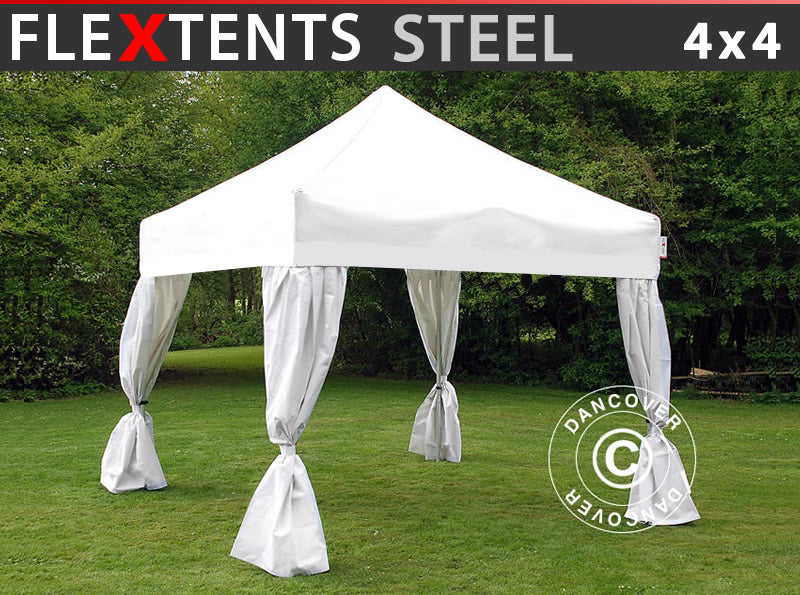 Faltzelt FleXtents Steel 4x4m Weiß, mit 4 Gardinen