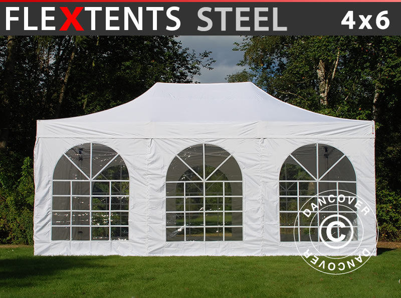 Gazebo pieghevole FleXtents Steel 4x6m Bianco, inclusi 4 fianchi