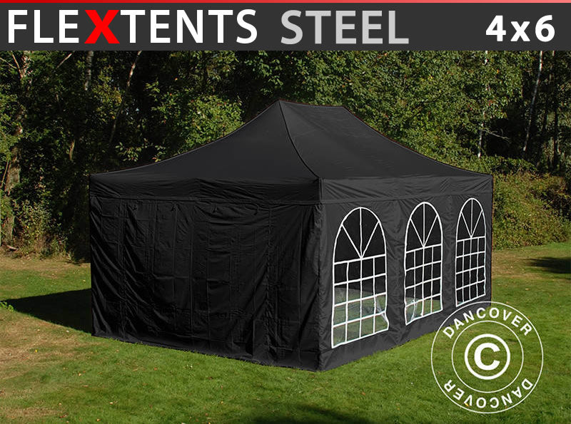 Prekybinė palapinė FleXtents Steel 4x6m Juoda, įsk. 4 šonines sienas