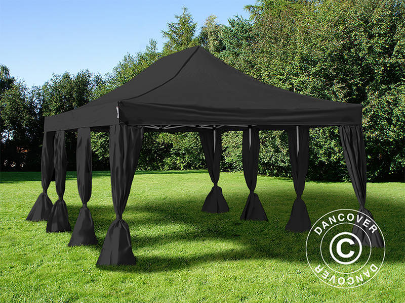 Vouwtent FleXtents Steel 4x6m Zwart, incl. 8 decoratieve gordijnen