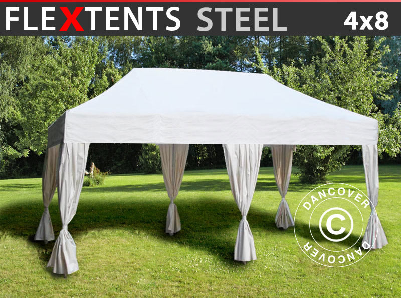 Tenda Dobrável FleXtents Steel 4x8m Branca, incl. 6 cortinas decorativas