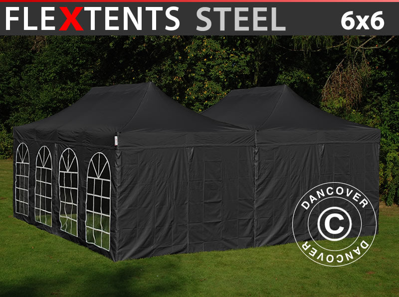 Pop up aiamaja FleXtents Steel 6x6m Must, sis. 8 külgseinu