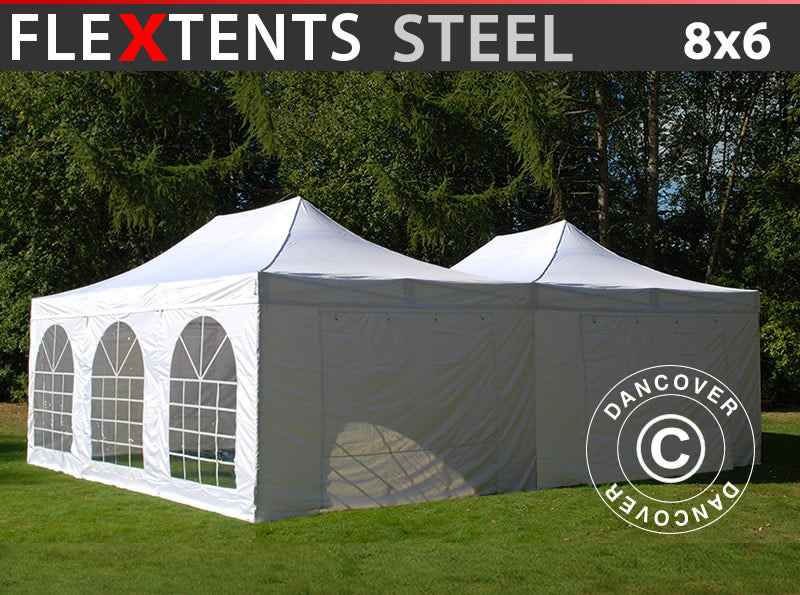 Faltzelt FleXtents Steel 8x6m Weiß, inkl. 8 Seitenwände
