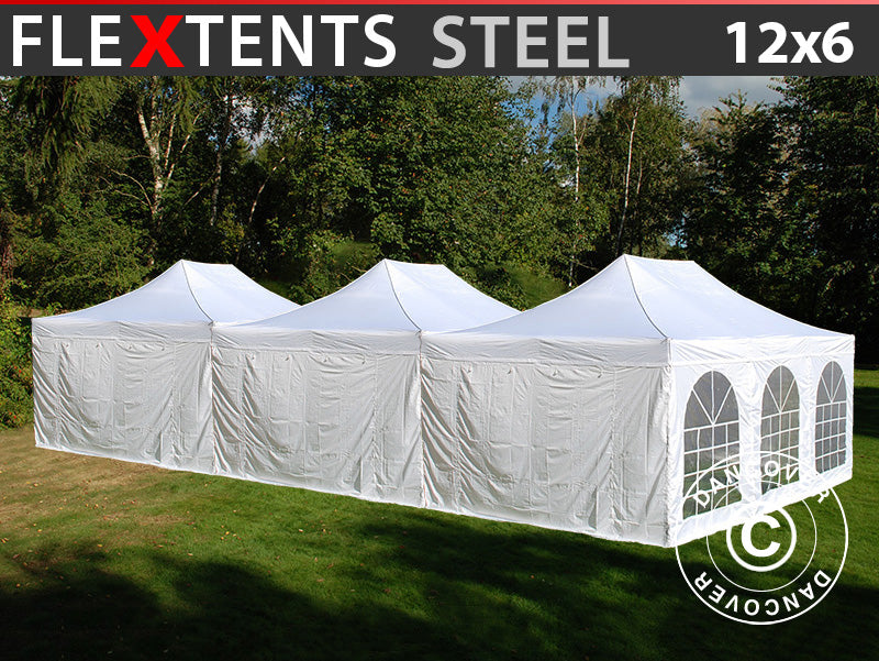 Vouwtent FleXtents® Steel 12x6m Wit, incl. 8 zijwanden