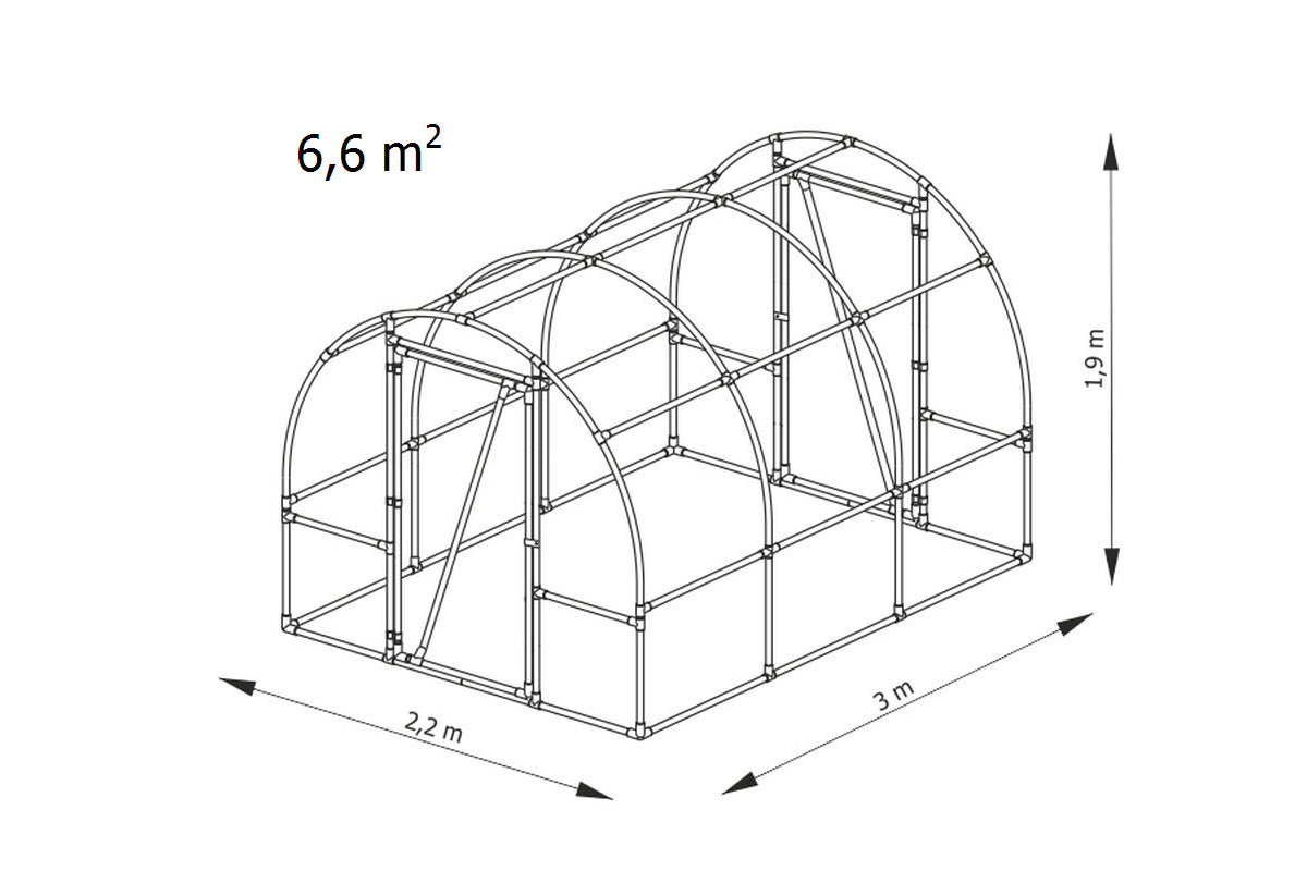 Tunnelikasvihuone 130, 2,2x3x1,9m, 6,6m², Läpinäkyvä