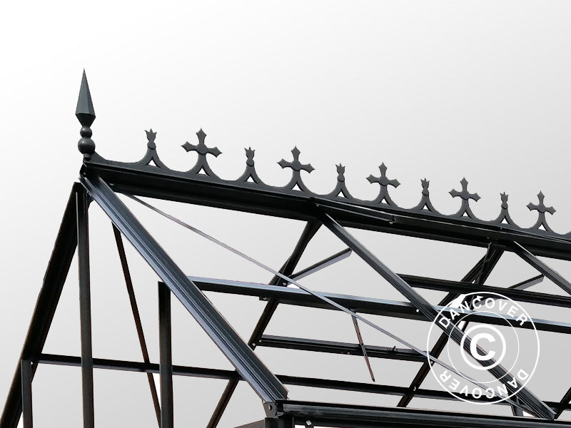 Orangerie, Gewächshaus aus Glas 13,3m², 4,45x2,99x2,95m mit Sockel und Krone, Schwarz