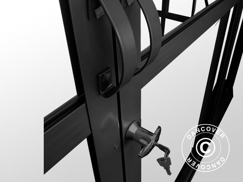 Orangerie, Gewächshaus aus Glas 13,3m², 4,45x2,99x2,95m mit Sockel und Krone, Schwarz