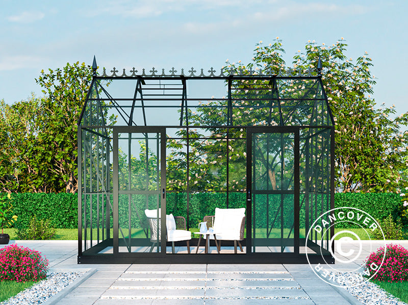 Serra Orangerie, serra in vetro 13,8m², 3,73x3,71x3,16m con base e cresta vittoriana, Nero
