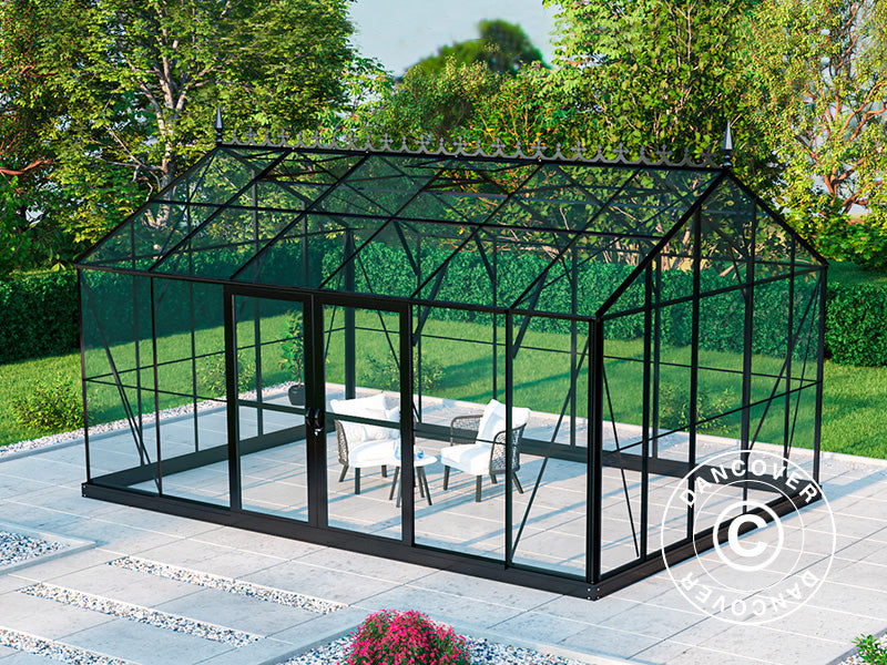 Orangerie, gewächshaus aus Glas 16,5m², 4,45x3,71x3,16m mit Sockel und Dach, Schwarz