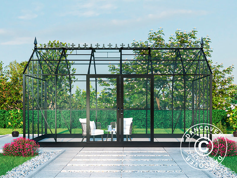 Orangery, greenhouse Glass 16.5 m², 4.45x3.71x3.16 m w/base and cresting, Black