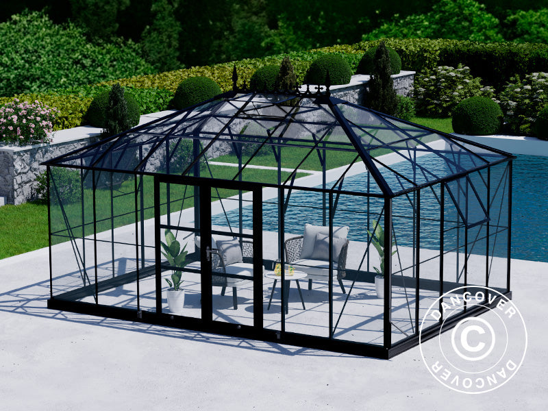 Orangerie, Gewächshaus aus Glass 19m², 5,14x3,71x3,15m mit Sockel und Aufsatz, Schwarz