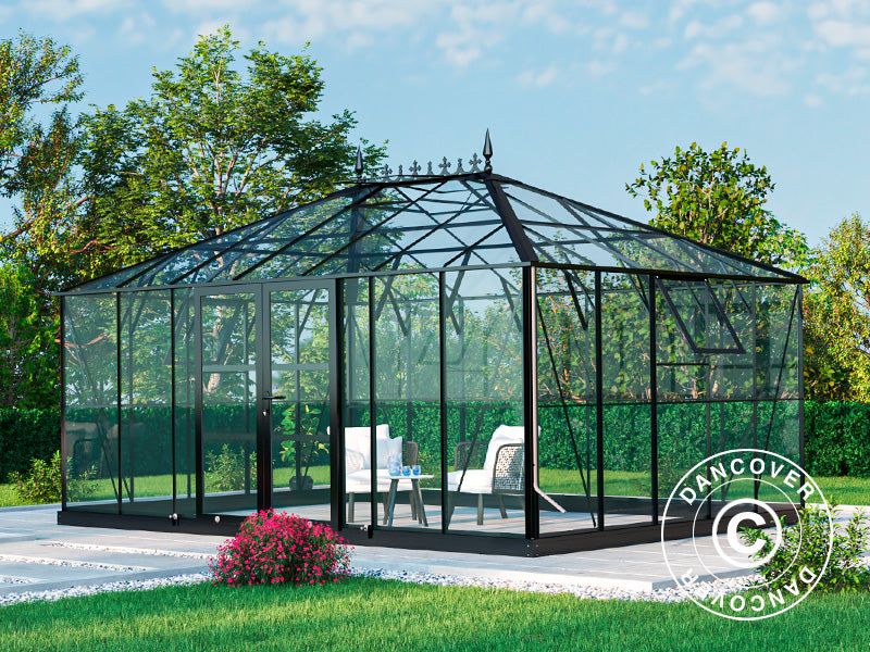 Orangerie, Gewächshaus aus Glass 19m², 5,14x3,71x3,15m mit Sockel und Aufsatz, Schwarz