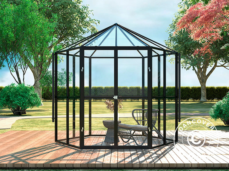 Serre orangerie hexagonale en verre 3,74m², 2,08x2,4x2,32m, Noir