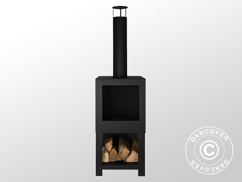 Lauko židinys su malkų sandėliu, 38,4x38,4x136cm, Juoda